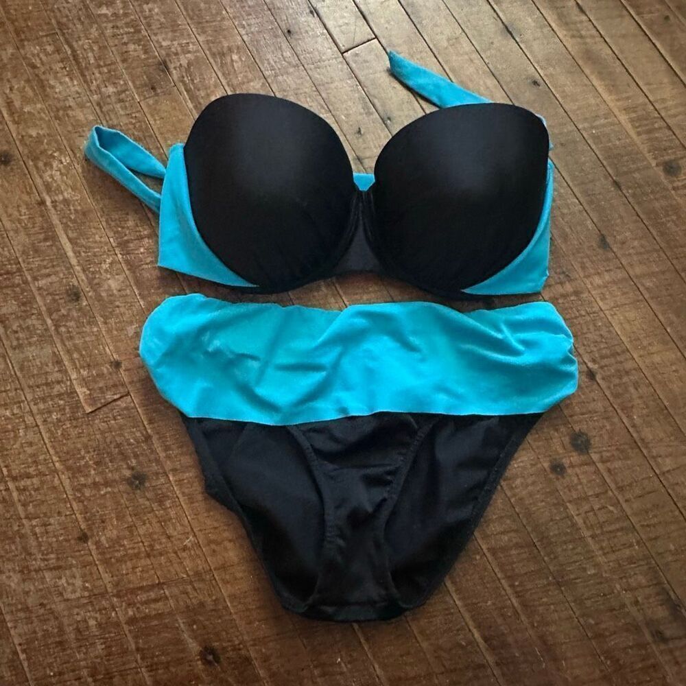 Venus halter tie blue & black colorblock 8/DD bikini set